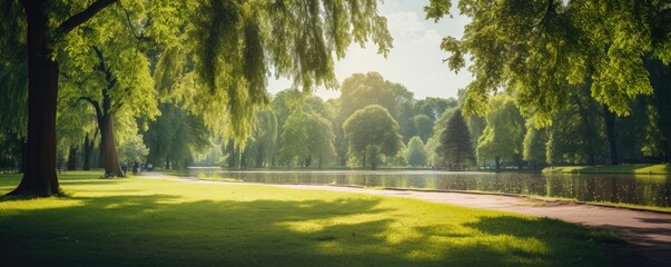 green park in summer beautiful nature landscape by lake
