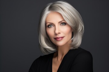 Naklejka premium Photo of a business 50 year old woman, wearing a simple blouse, eye contact, dark background