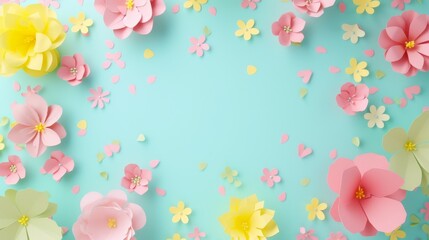 light sky pastel banner with flower papers decorations with blank space for text, Generative AI 