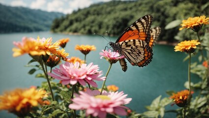 Beautiful butterfly sitting on flower near the lake