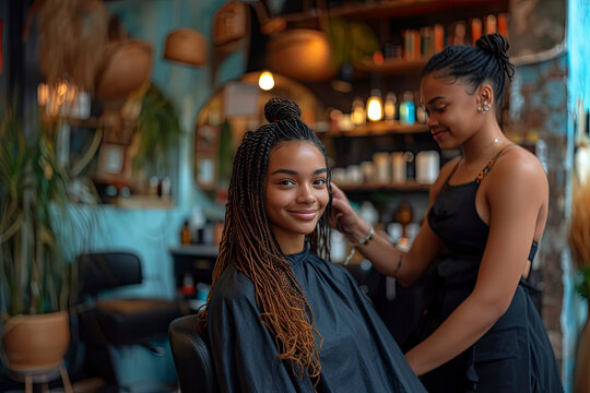 African American mixed race girl is sitting in a bright hair salon, braiding hair. She is sitting in a chair, while the hairstylist stands beside her.