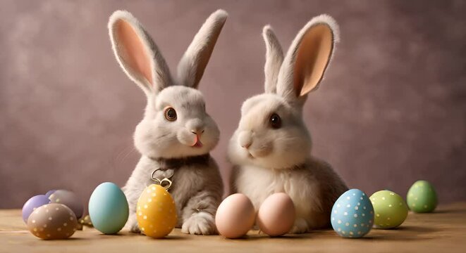 Two Easter bunny and colorful eggs 