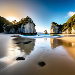 Serenity Unleashed: Panoramic Picture of Cathedral Cove Beach in Summer, Untouched and Tranquil, Embracing the Daytime Solitude