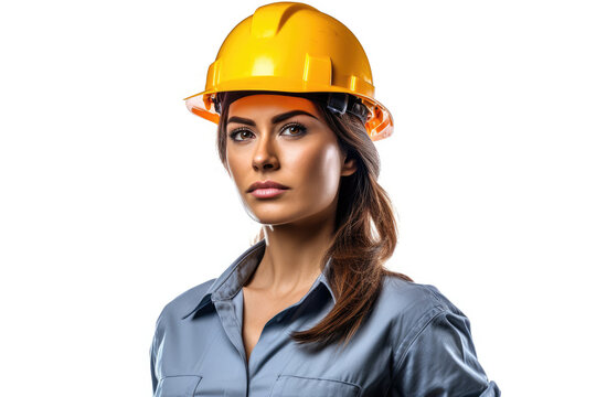 Engineer woman in yellow safety helmet, isolated white background