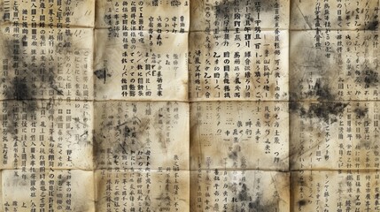 Fototapeta premium Generative AI, vintage grunge Japanese letters collage background. Different textures and shapes 