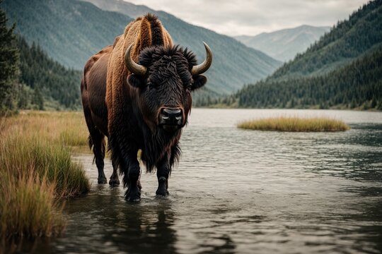 bison walks through the lake