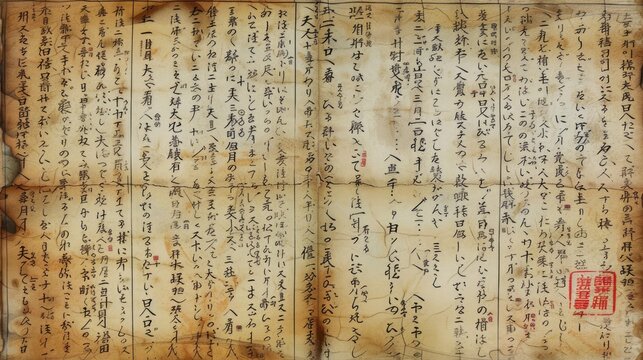 Generative AI, vintage grunge Japanese letters collage background. Different textures and shapes	
