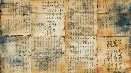 Generative AI, vintage grunge Japanese letters collage background. Different textures and shapes	
