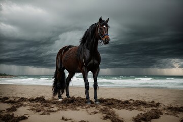  Black Spanish horse standing legs in the air on beach against storm