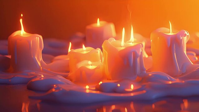 A group of candles holding a candlelight vigil for their fallen comrades in a wax meltdown with one candle sobbing uncontrollably while the others comfort them.