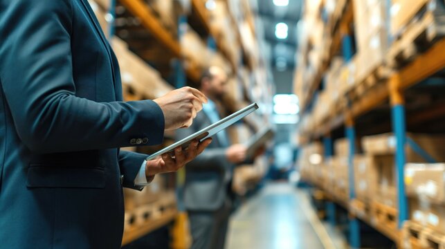 Close up medium body and hands of caucasian male manager in light warehouse distribution logistic centre holding tablet