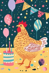 A festive farmyard birthday card showcasing a vibrant chicken and its feathered companions.