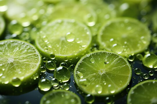 Sliced lime with water drops close-up.