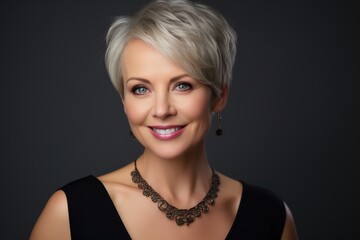 Photo of a business 50 year old woman, wearing a simple blouse, eye contact, dark background