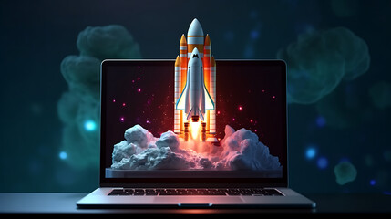 space rocket outgoing of laptop screen, showcase boost performance, innovative isolated background