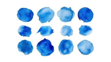 Blue watercolor blots of various shapes on a white background.