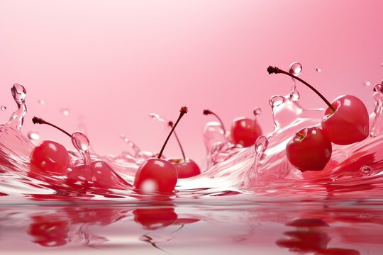 Delicious cherries fall into the water, cherries in the water.
