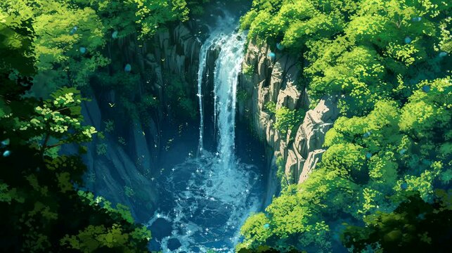 Beautiful waterfall in a centre dense forest, top view angle.  Seamless looping 4k time-lapse virtual video animation background