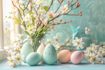 Easter Decor with Pastel Eggs and Spring Blossoms , A charming Easter setting with pastel-colored eggs nestled among delicate spring blossoms, evoking a sense of renewal and celebration.