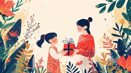 Colorful depiction of a joyful mom and kid sharing laughter and love.