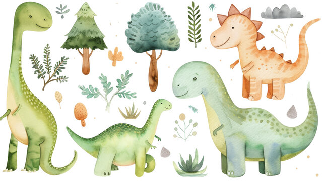 Fototapeta Collection of watercolor dinosaurs and plants, with a whimsical, child-friendly style.