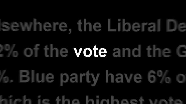 Election, voting concept. Word vote highlighted white among random text on black background, similar to newspaper articles headlines across media and news stories.