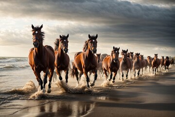 horses racing on the beach among a herd of red, black, and white horses - obrazy, fototapety, plakaty