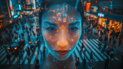 Aerial view of urban crowd monitored by facial recognition camera