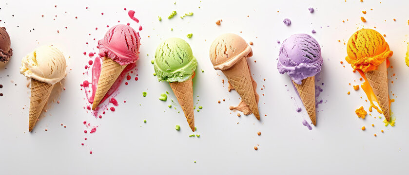 Assorted Colorful Ice Cream Cones Mid-air With Vibrant Sprinkles And Playful Color Bursts Against A White Backdrop