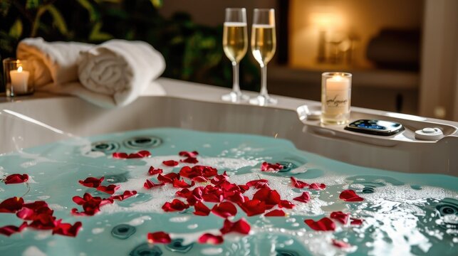 A luxury bubbly jacuzzi adorned with rose petals, next to champagne flutes and a bottle, evoking a romantic ambiance for valentines day or dating