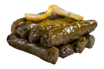 Stuffed grape leaves with olive oil. Turkish cuisine delicacies. Delicious stuffed grape leaves isolated on white background. Close up