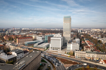 Fototapeta na wymiar Cracow aerial view of Grzegorzki Mogilskie roundabout. Transport, city traffic in a polish big city. Cracow, 09.11.2022 r.