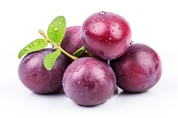 Close-up of plums with water drops on them, isolated plums.