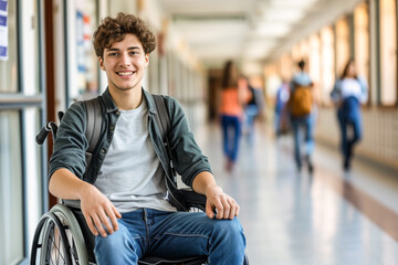 Male student in the school hallway  in a wheelchair
