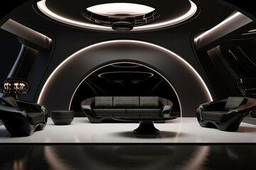 Futuristic modern living room interior with black color armchairs and decors