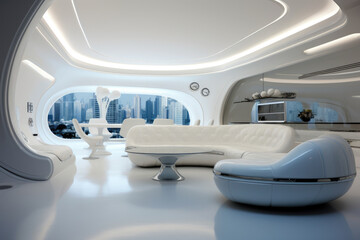 Futuristic modern living room interior with white color armchairs and decors