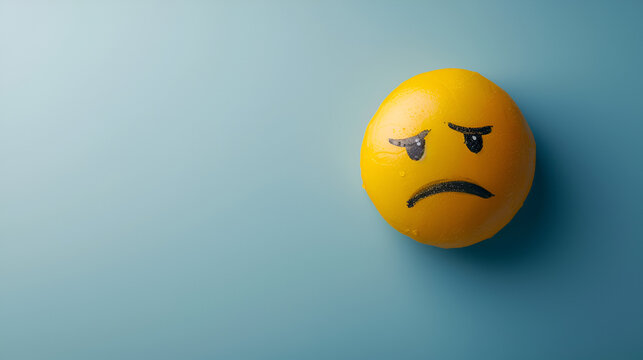 Naklejki Blue Monday concept.Yellow sad emoji face on light blue background, copy space, generative ai