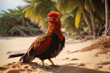 majestic Red Junglefowl rooster perched on a sandy beach, its vibrant feathers glistening in the sunlight 