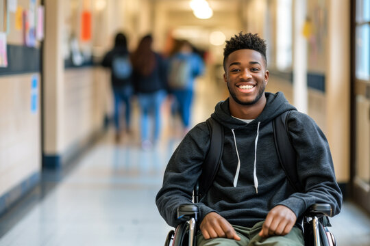 Male student in the school hallway  in a wheelchair
