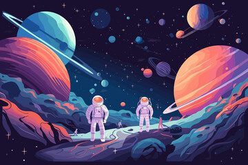 Exploration of Space and Universe Concept, Astronauts in Spacecraft, Planets, Stars, and Galaxies, Cosmic Adventure and Discovery, Space Science Vector Illustration.