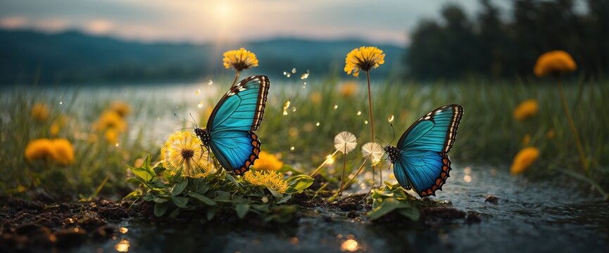 Fototapeta Dandelions and butterfly morpho beside the lake  dawn over the lake with water droplets containing the seeds of dandelions
