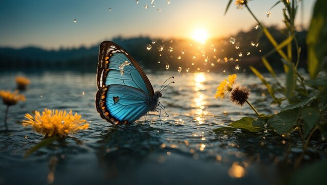 Fototapeta butterfly morpho and dandelions by the lake, Dawn over the lake with dandelion flower seeds in water droplets
