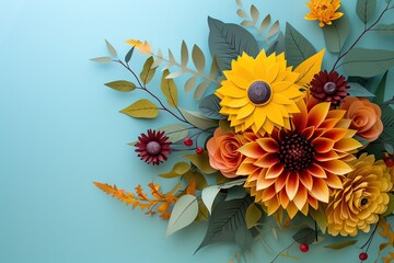 A Thanksgiving themed floral arrangement with sunflowers, dahlias, and autumn foliage