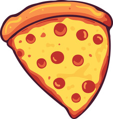 Pizza slice with melted cheese and pepperoni. Vector cartoon sticker in comic style with contour. Design element food for greeting card