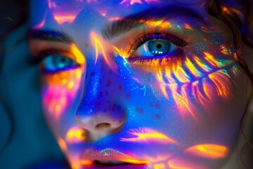 Woman's Face Illuminated with Vibrant Projection Light