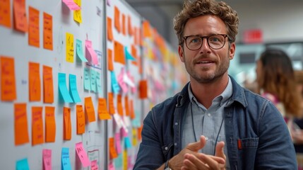 Male coach, passionately guiding a team through a spirited dialogue. The whiteboard illustrate the collaborative brainstorming. Exchange of ideas, innovation and strategize a marketing plan.