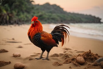  Red Junglefowl rooster on the beach