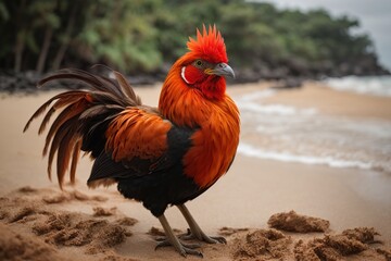  Red Junglefowl rooster on the beach
