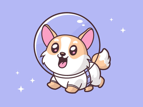 Cute corgi dog astronaut character in space vector cartoon illustration