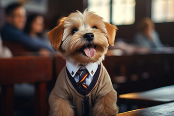 Generative ai photography of funny cute animal pet studying at school sitting in a classroom